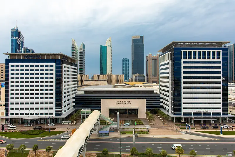 Convention Gate at Dubai World Trade Centre, with office towers behind