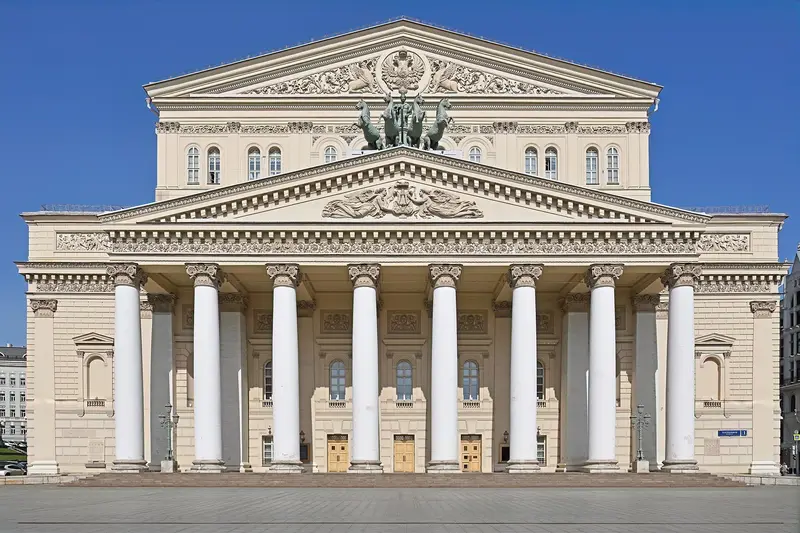 The classical façade of the Bolshoi Theatre in Moscow