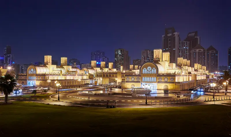 The Central Souk (Blue Souk) in Sharjah lit up at night